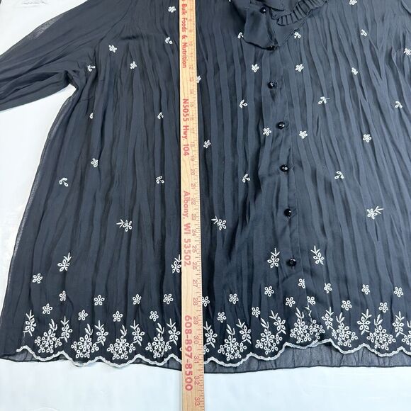 Maggie Barnes Semi Sheer Blouse 2X Button Up Black Floral Ruffle Collar *Flaw - Picture 6 of 11